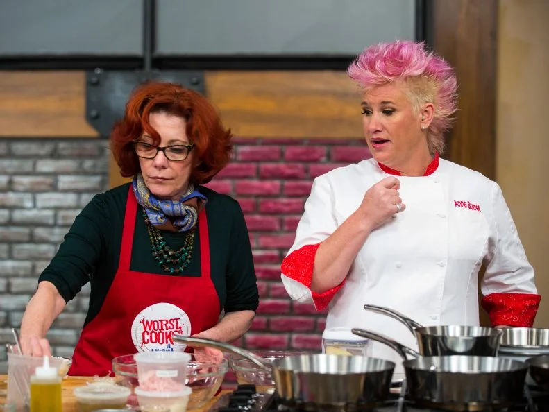 Carol Holder and Chef Anne Burrell during the Roulade Challenge as seen on Food Network's Worst Cooks in America, Season 5.