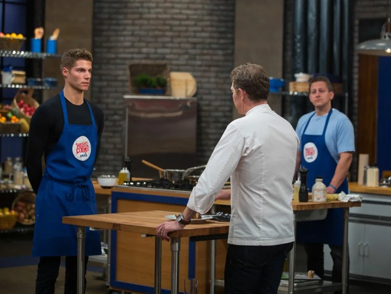 Bobby Flay speaks with his contestant Joe Slaughter as seen on Food Network's Worst Cooks in America, Season 5.