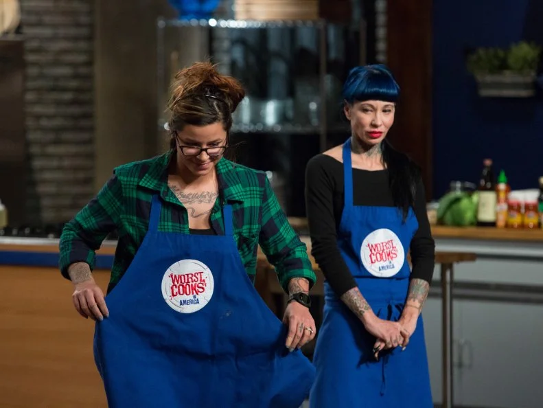 Blue Team member Danielle Ruiz-Wiley  during the Surprise Party Challenge. The Blue Team recruits are Danielle Ruiz-Wiley, Amber Brauner, Stephanie St. Aubin, and Daniel Beyda, as seen on Food Network's Worst Cooks in America, Season 5.