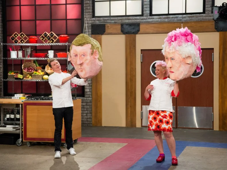 The chefs present the recruits with giant pinatas, for the Surprise Party Challenge. As an extra surprise challenge, each team member must infuse the dishes demonstrated for them by Blue Team Leader Chef Bobby Flay and Red Team Leader Anne Burrell, with the individual candy flavor each gets, and has to guess, when they burst giant pinata replicas of the chefs' heads, as seen on Food Network's Worst Cooks in America, Season 5.