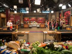 The cast stand in front of Bobby Flay and Anne Burrell as seen on Food Networkâ  s Worst Cooksin America, Season 5.