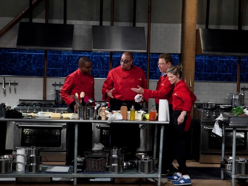 Celebrities: Robert Wuhl, Gillian Vigman, Tommy Davidson and Sinbad finish their appetizers which must have included: pickled pig lips, polenta, spinach and gummy eggs, as seen on Food Networkâ  s Chopped, Season 19.