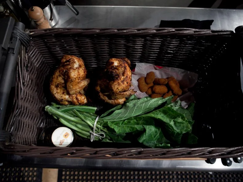 The mystery basket ingredients for the entree round are: beer can chicken, jalapeno poppers, collard green and  truffle honey, as seen on Food Networkâ  s Chopped, Season 19.