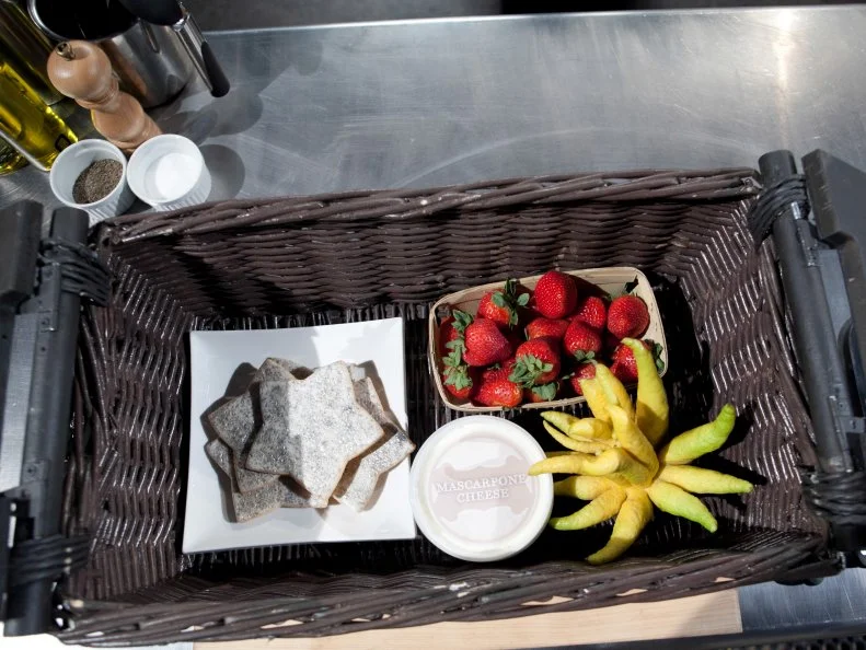 The mystery basket ingredients for the dessert round are: star cookies, strawberries, mascarpone cheese and buddha's hand, as seen on Food Networkâ  s Chopped, Season 19.
