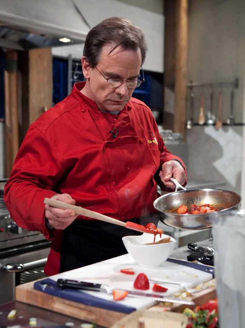 Celebrity Peter Scolari working on his entree that must include: star cookies, strawberries, mascarpone cheese and buddha's hand, as seen on Food Networkâ  s Chopped, Season 19.