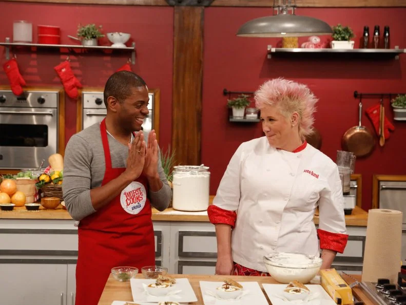 Red Team recruit Jamie Thomas has the opportunity to prepare a 3-course meal with Red Team Leader Chef Anne Burrell for the final challenge, where the recruits compete in a final cook-off before a panel of distinguished guests for the chance to win $25,000. Red Team recruit Jamie Thomas must prepare Ribiola and Mushroom Grilled Cheese "Soldiers" with Butternut Squash Soup, Prosciutto-Wrapped Pork Tenderloin with Flagolet Ragout and Brussels Sprout Leaves, and Citrus and Marscarpone Parfait with Grapefruit and Prosecco Granita, as seen on Food Network's Worst Cooks in America, Season 5.