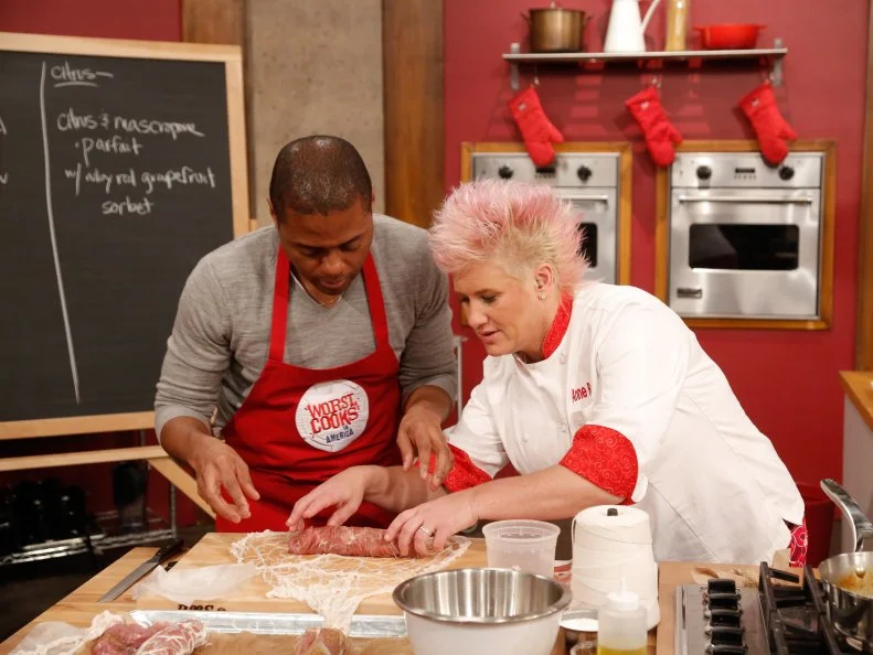 Red Team recruit Jamie Thomas has the opportunity to prepare a 3-course meal with Red Team Leader Chef Anne Burrell for the final challenge, where the recruits compete in a final cook-off before a panel of distinguished guests for the chance to win $25,000. Red Team recruit Jamie Thomas must prepare Ribiola and Mushroom Grilled Cheese "Soldiers" with Butternut Squash Soup, Prosciutto-Wrapped Pork Tenderloin with Flagolet Ragout and Brussels Sprout Leaves, and Citrus and Marscarpone Parfait with Grapefruit and Prosecco Granita, as seen on Food Network's Worst Cooks in America, Season 5.