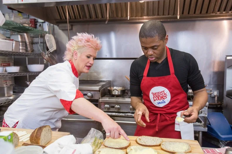 Chef Anne Burrell watches as finalist  Jamie Thomas cooks  for the final episode as seen on Food Network's Worst Cooks in America, Season 5.