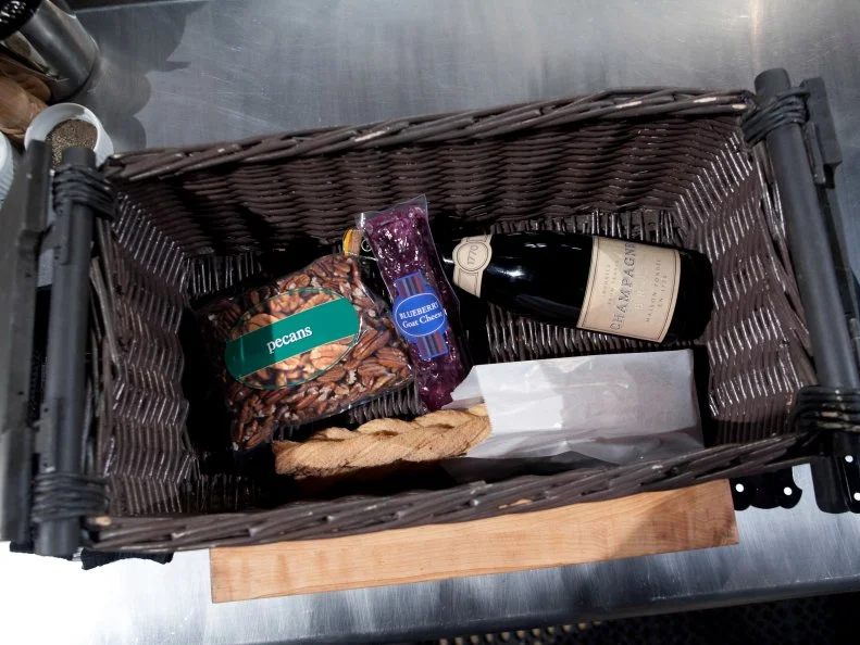 The mystery basket ingredients for the dessert round are: blueberry goat cheese, pecans, churros, champagne, as seen on Food Networkâ  s Chopped, Season 19.