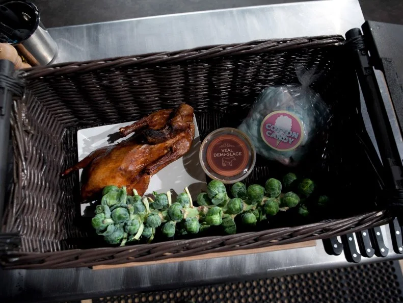 The mystery basket ingredients for the entree round are: Peking duck, Brussels sprouts on the stalk, cotton candy and veal demi-glace, as seen on Food Networkâ  s Chopped, Season 19.