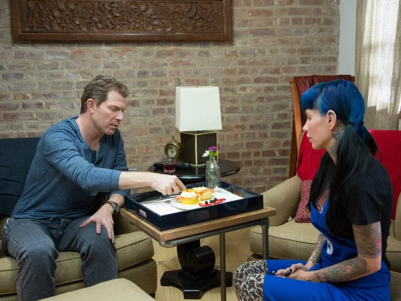 Blue Team Leader Chef Bobby Flay tastes the completed Eggs Benedict with Salmon that Blue Team member Amber Brauner prepared for the Breakfast Skill Drill Challenge, as seen on Food Network's Worst Cooks in America, Season 5.