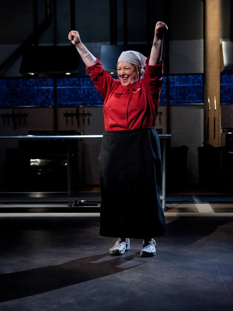 Celebrity Carnie Wilson celebrates upon winning the second round of the Chopped Celebrity Challenge, as seen on Food Network's Chopped, Season 19.