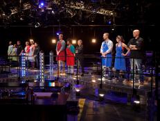 Eight cooks and their Chef Mentors stand on the catwalk before the second round of competition, as seen on Food Network's America's Best Cook, Season 1.