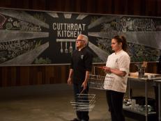 Chef Geoffrey Zakarian and Chef Antonia Lofaso ready for the third round challenge, as seen on Food Network's Cutthroat Kitchen, Season 3.