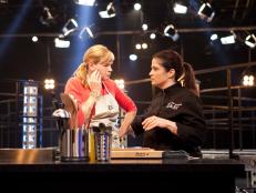 Chef Chef Alex Guarnaschelli, right, mentors cook Christine Verrelli, left, before the start of the sixth round of competition, as seen on Food Network's America's Best Cook, Season 1.