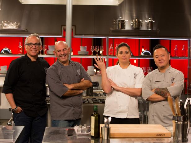 Chef Geoffrey Zakarian, chef Simon Majumdar, chef Antonia Lofaso and chef Jet Tila, as seen on Food Network's Cutthroat Kitchen, Season 3.