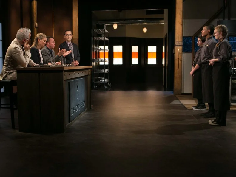 Teen Competitors (L-R) , Jason Khaytin (14), Jay Urena (16) and Ashley Dudley (16) stand before Chopped host Ted Allen and judges: Geoffrey Zakarian, Amanda Freitag and Marc Murphy to defend  their entree's that must have included: mahi-mahi, cookie chips, green beans and french fries, as seen on Food Network's Chopped, Season 21.