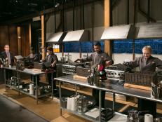 Chopped host Ted Allen announces the mystery basket ingredients to (L-R): Alexadria Brooks (16), Jason Khaytin (14), Jay Urena (16) and Ashley Dudley (16)  as they begin the appetizer round, as seen on Food Network's Chopped, Season 21.