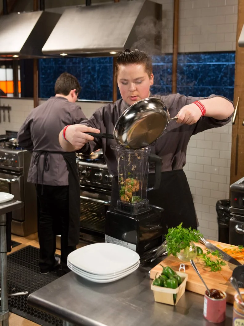 Teen competitor Mikayla Lang (13) working on her appetizer that must include: jumbo shrimp, chunky peanut butter, jalapeno and sticky rice, as seen on Food Network's Chopped, Season 21.