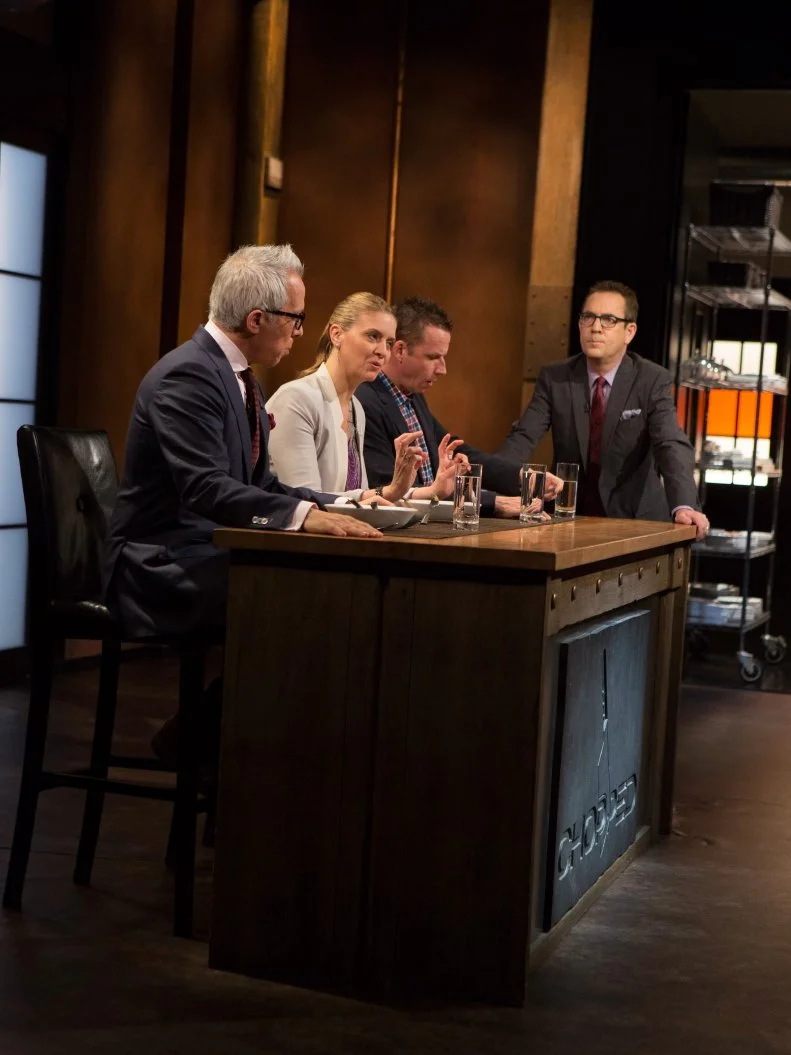 Chopped host Ted Allen and judges: Geoffrey Zakarian, Amanda Freitag and Marc Murphy taste and judge teen competitors (L-R) Lucy Felong (15), Eyan Goldman (16), Mikayla Lang (13) and Dante Foggy (17)  on their appetizers that must have included: jumbo shrimp, chunky peanut butter, jalapeno and sticky rice, as seen on Food Network's Chopped, Season 21.