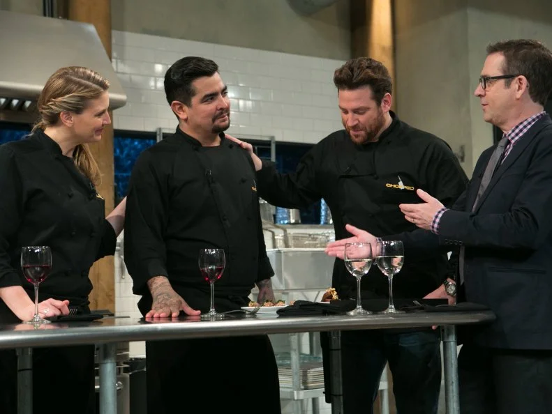 Chopped After Hours host Ted Allen and chefs: Amanda Freitag, Aaron Sanchez and Scott Conant tasting their dishes that must have included: cherry drink soaked pickles, lamb chops, kale chips and ricotta salata, as seen on Food Network's Chopped After Hours, season 21.