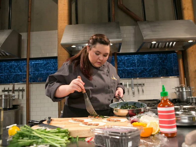 Teen Competitor Tommi Rae Fowler (16) works on her appetizer that must include: rabbit and ginger sausage, dandelion greens, dried currants and hot sauce candy canes as she competes for a slot in the Teen Challenge and a chance to win $25,000 and a $40,000 culinary school scholarship, as seen on Food Network's Chopped, season 21.