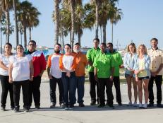 Teams Madres, Chatty Chicken, Gourmet Grads and Beach Cruiser's wait to hear results of selling challenge in Venice, CA., as seen on Food Network's The Great Food Truck Race Season 5.