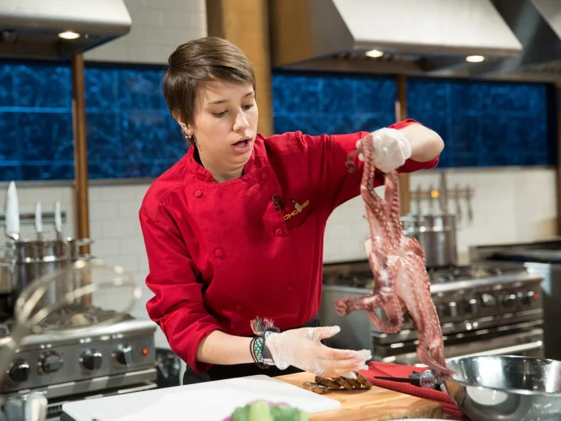 Teen competitor Sequoia Pranger with her basket of ingredients during a competition, as seen on Food Networkâ  s Chopped, Season 21.