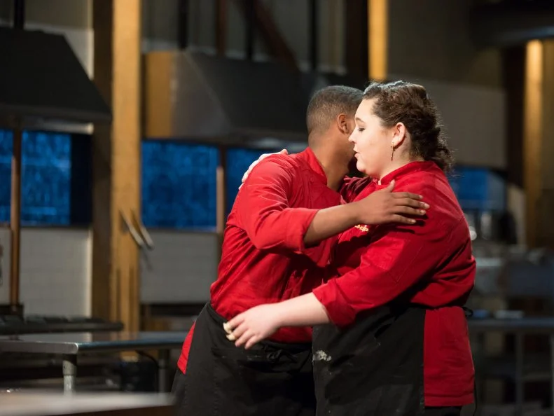 Teen competitor Tommi Rae Fowler is congratulated by Dante Foggy after the episode, as seen on Food Networkâ  s Chopped, Season 21.