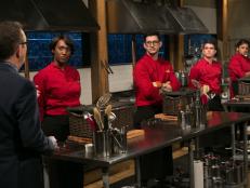 Chefs (L-R): Lauren Kyles, Giorgio Rapicavoli, Tom McKenna and Fatima Ali listen to host Ted Allen explain the rules to the chefs who will compete for a slot in the Chopped Ultimate Championship competition, the winner of which receives $50,000 and a new car from Buick, as seen on Food Network's Chopped, Season 21.