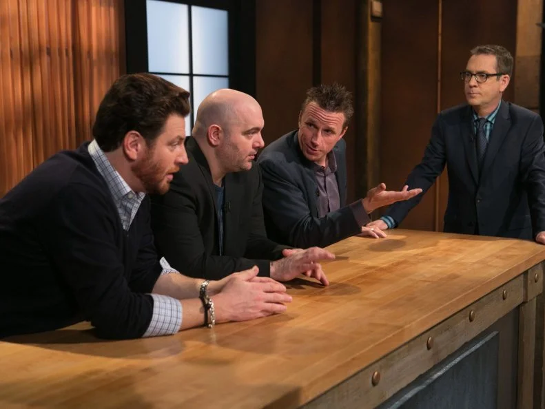 Chopped host Ted Allen and judges: Scott Conant, Chris Santos and Marc Murphy, as seen on Food Network's Chopped, Season 21.
