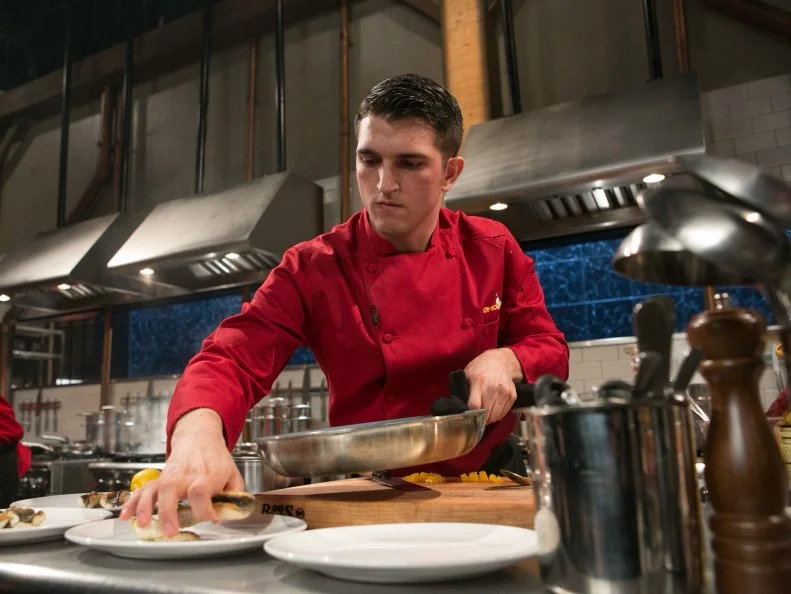 Chef Tom Mckenna works on his appetizer that must include: eel, pepihuates, shaved coconut and sea beans as he competes for a slot in the Chopped Ultimate Championship competition, the winner of which receives $50,000 and a new car from Buick, as seen on Food Network's Chopped, Season 21.