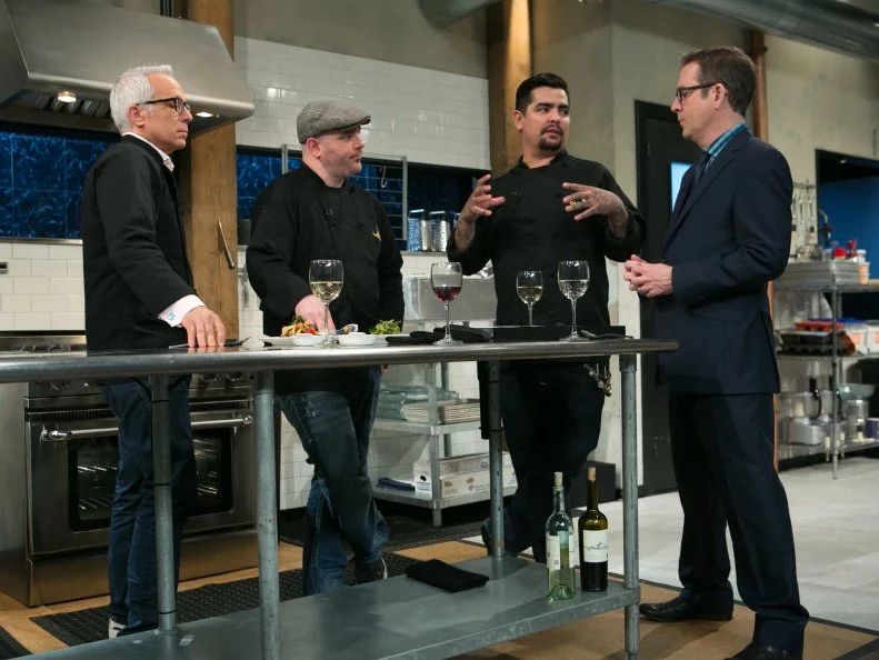 Chopped After Hours host Ted Allen and chefs: Geoffrey Zakarian, Chris Santos and Aaron Sanchez tasting the chefs dishes that must have included: eel, pepihuates, shaved coconut and sea beans, as seen on Food Network's Chopped, Season 21.