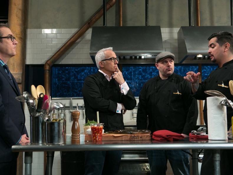 Chopped After Hours host Ted Allen and chefs: Geoffrey Zakarian, Chris Santos and Aaron Sanchez discuss the ingredients: eel, pepihuates, shaved coconut and sea beans, as seen on Food Network's Chopped, Season 21.