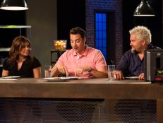 Hosts Rachael Ray and Guy Fieri and Guest Judge, Sandwich King Jeff Mauro, judge the contestants dishes during the "Thinking Outside the Bread" challenge as seen on Food Network's Rachael vs. Guy: Kids Cook-Off, Season 2