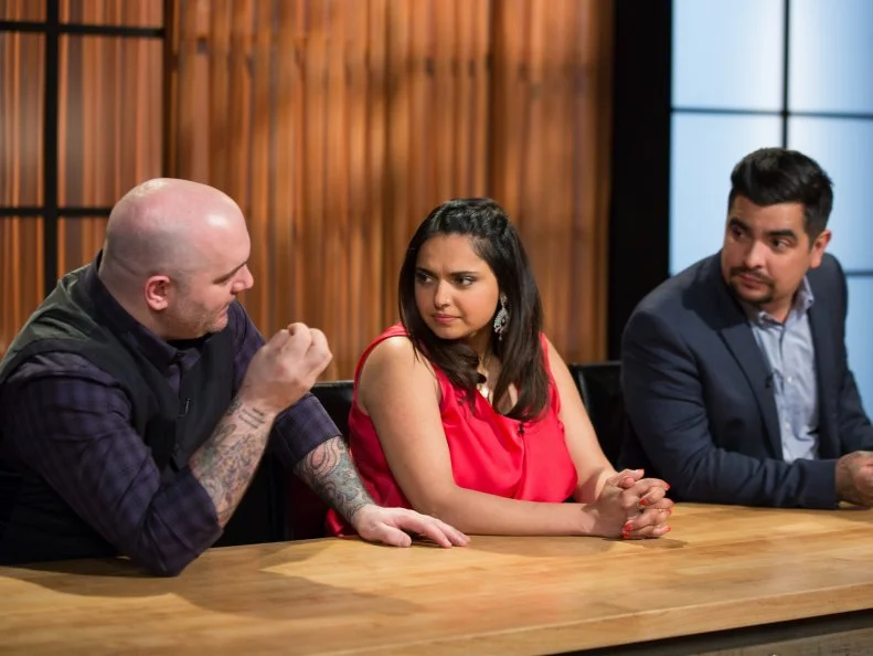 Judges Chris Santos, Maneet Chauhan, Aaron Sanchez during judging, as seen on Food Networkâ  s Chopped, Season 21.