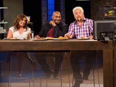 Hosts Rachael Ray and Guy Fieri along with Guest Judge, Chef G. Garvin, taste the contestants final dishes for judging during the "Southern Delights" challenge as seen on Food Network's Rachael vs. Guy: Kids Cook-Off, Season 2