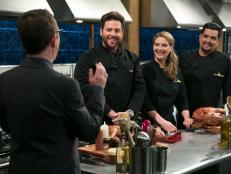 Chopped After Hours host Ted Allen and Chefs: Scott Conant, Amanda Freitag and Aaaron Sanchez before starting on their dishes that must include: whole suckling pig, kebab sauces, fiddlehead ferns and fresh corn tortillas, as seen on Food Network's Chopped After Hours, Season 21.