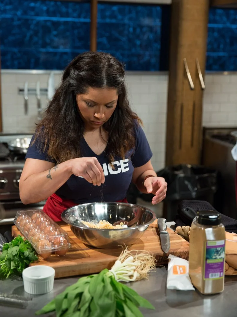 Guest Chef Diana Sabaterwhile competing in the kitchen, as seen on Food Networkâ  s Chopped, Season 21.