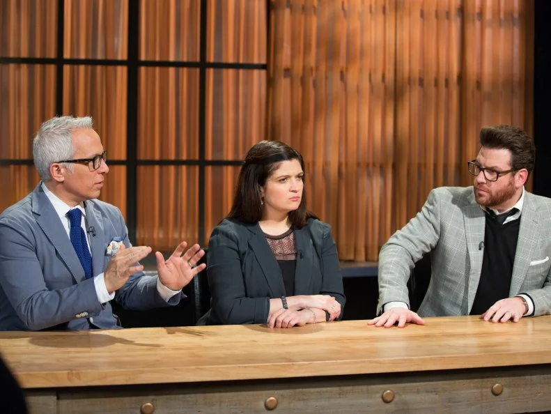 Guest Judges Geoffrey Zakarian, Alex Guarnaschelli and Scott Conant observe the Ultimate Champions competition, as seen on Food Networkâ  s Chopped, Season 21.