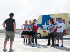Host Tyler Florence introduces and welcomes Team Lone Star Chuck Wagon's Lance Kramer, Rachel Young and Andrea Chesley and Team Middle Feast's Arkadi Kluger, Hilla Marudi and Tommy Marudi to the finale in Key West, as seen on Food Network's The Great Food Truck Race, Season 5.
