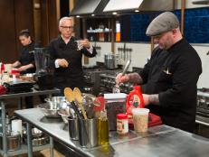 Chefs: Alex Guarnaschelli, Chris Santos and Geoffrey Zakarian work with the ingredients from the "short order" episode: banana pudding, vanilla ice cream, icing, brownie mix, as seen on Food Network's Chopped After Hours, Season 21.