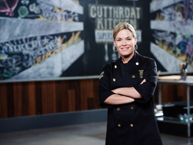 Chef Cat Cora, as seen on Food Network's Cutthroat Kitchen, Season 11.