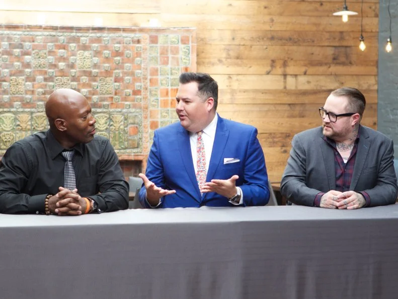 The judges Madison Cowan, chef and producer (L), Ross Mathews, TV host and best selling author, and Jaime Bissonnette, chef and co-owner of Toro NYC, Toro Boston and Coppa,  as seen on the judging of the final challenge, a three course meal, as seen on Food Network’s Worst Cooks In America: Celebrity Edition, Season 7.