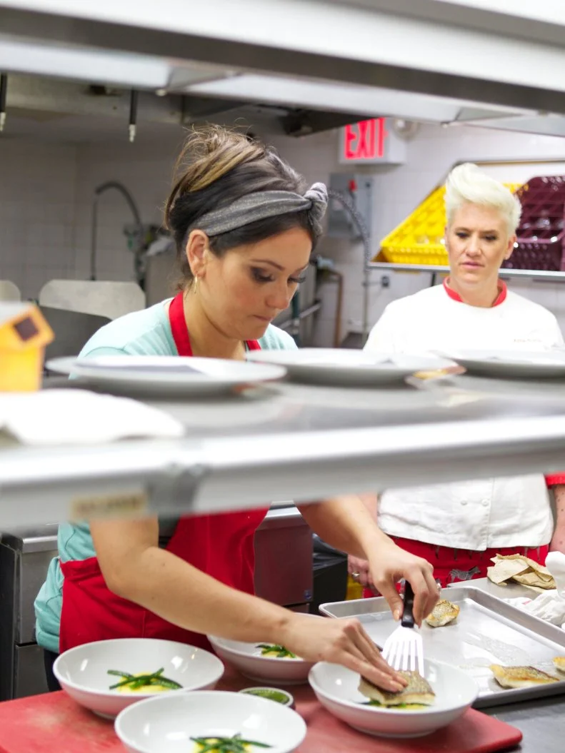 Celebrity-recruit Jenni Farley (L) and Chef Anne Burrell as seen on the final challenge, a three course meal, as seen on Food Network’s Worst Cooks In America: Celebrity Edition, Season 7.