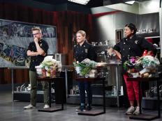 Chefs Richard Blais, Cat Cora and Aarti Sequiera at the start of Round 2, as seen on Food Network's Cutthroat Kitchen, Season 11.