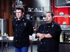 Chefs Justin Warner and Eric Greenspan during Round 3 evaluations, as seen on Food Network's Cutthroat Kitchen, Season 11.