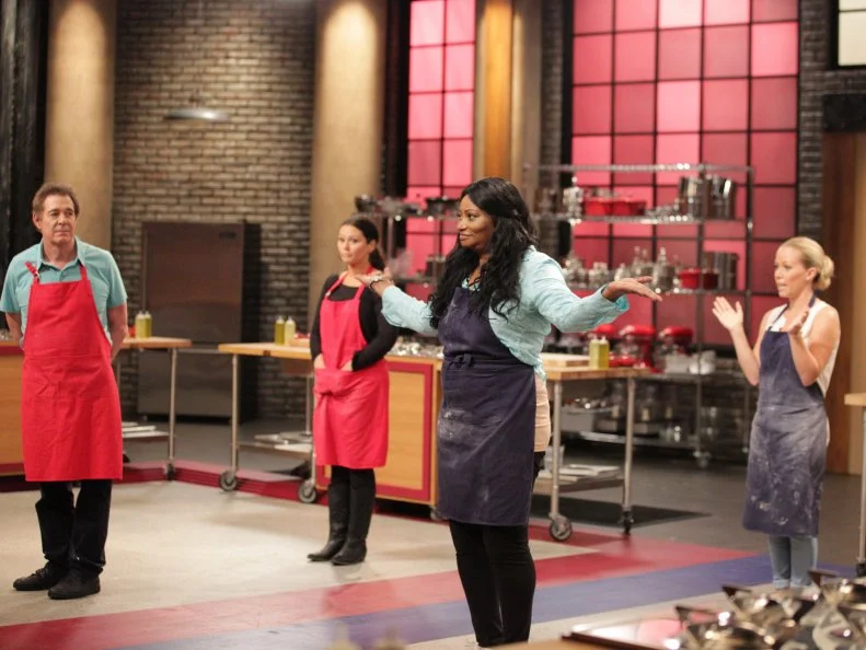 Competitors, Ellen Cleghorne, Barry Williams, JWoww, and Kendra Wilkinson as seen on Food Network’s Worst Cooks In America: Celebrity Edition, Season 7.