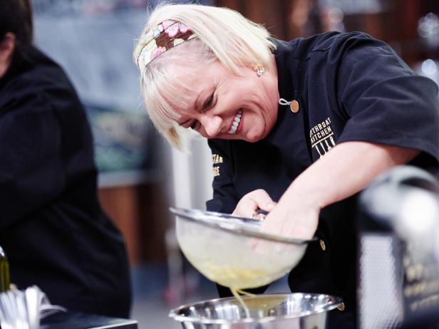 Chef Sherry Yard prepares her Round 1 dish, Classic Denver Omelet, as seen on Food Network's Cutthroat Kitchen, Season 11.