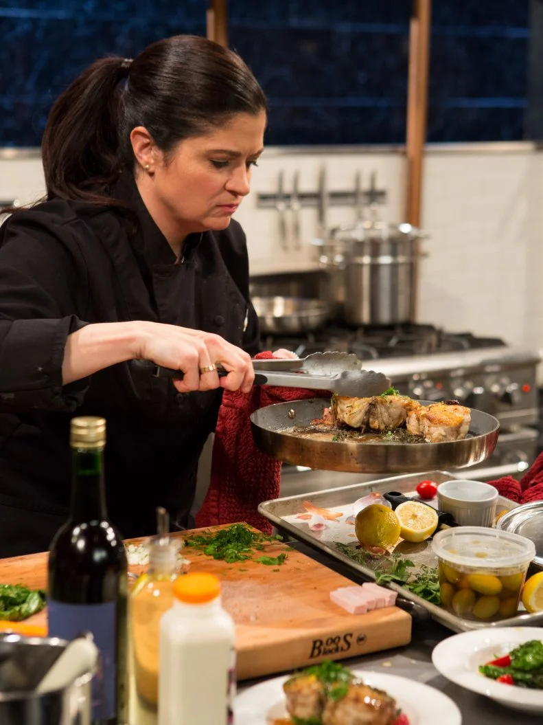 Chef Alex Guarnaschelli working on her appetizer, as seen on Food Network's Chopped After Hours, Season 25.